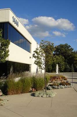 Outside view of Laytec with view of flower garden